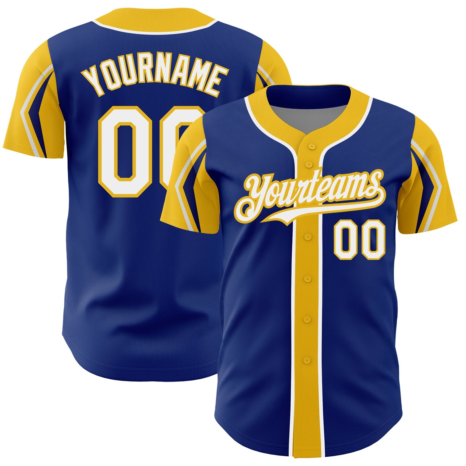 Custom Royal White-Yellow 3 Colors Arm Shapes Authentic Baseball Jersey - Main View