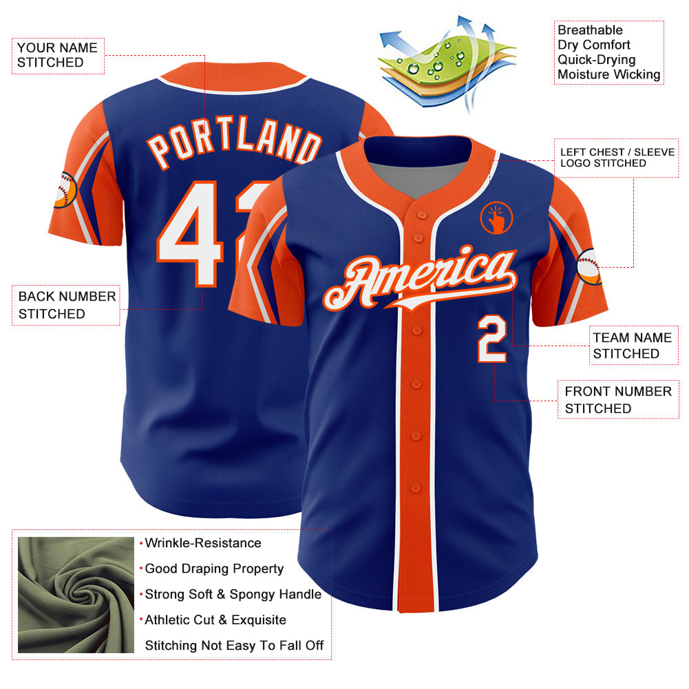 Custom Royal White-Orange 3 Colors Arm Shapes Authentic Baseball Jersey view 4