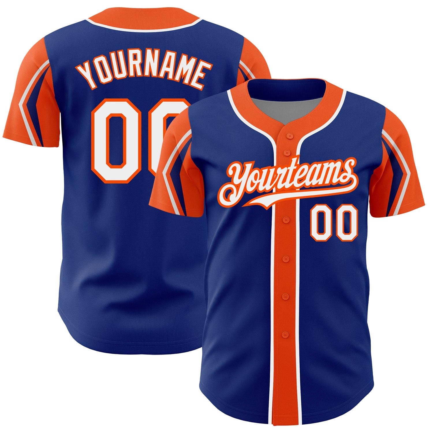 Custom Royal White-Orange 3 Colors Arm Shapes Authentic Baseball Jersey - Main View
