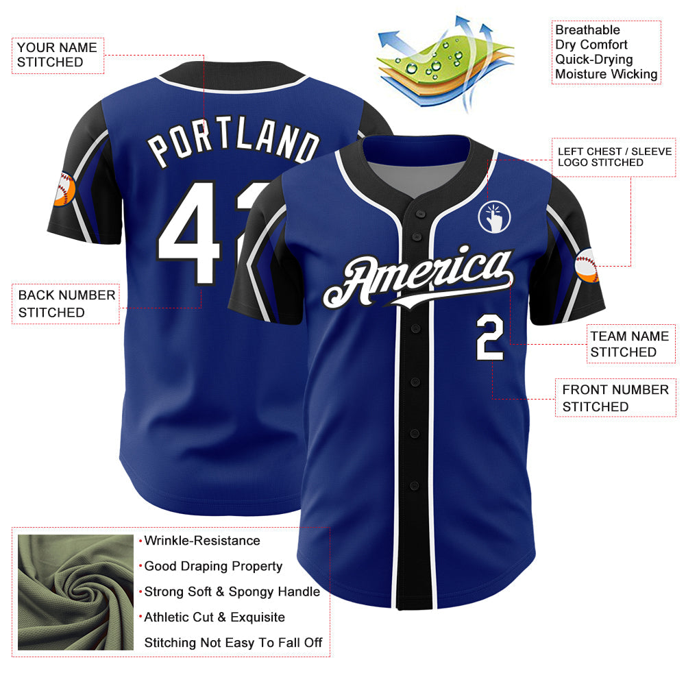 Custom Royal White-Black 3 Colors Arm Shapes Authentic Baseball Jersey view 4