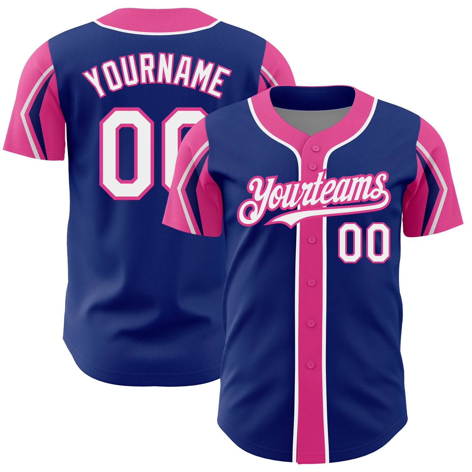 Custom Royal White-Pink 3 Colors Arm Shapes Authentic Baseball Jersey - Main View