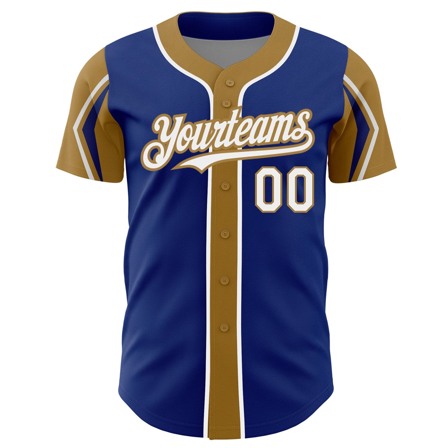 Custom Royal White-Old Gold 3 Colors Arm Shapes Authentic Baseball Jersey view 3