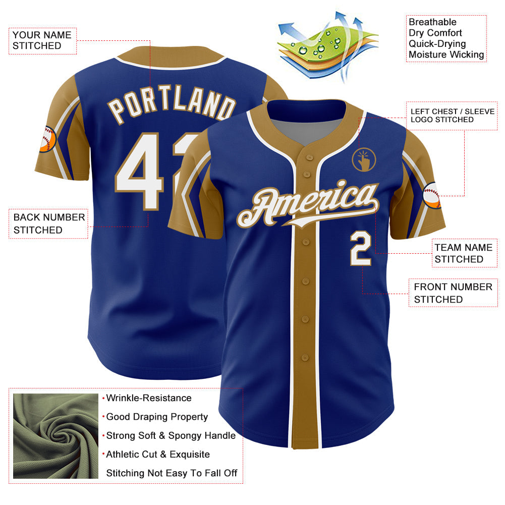 Custom Royal White-Old Gold 3 Colors Arm Shapes Authentic Baseball Jersey view 4