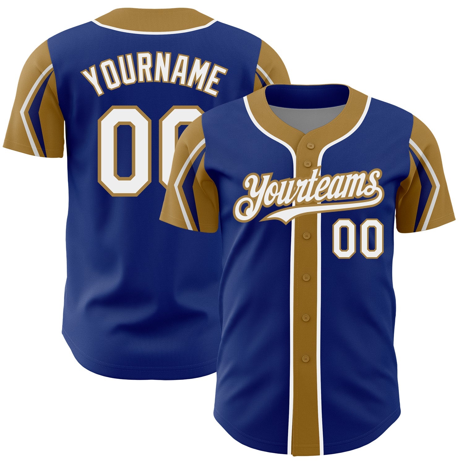 Custom Royal White-Old Gold 3 Colors Arm Shapes Authentic Baseball Jersey - Main View