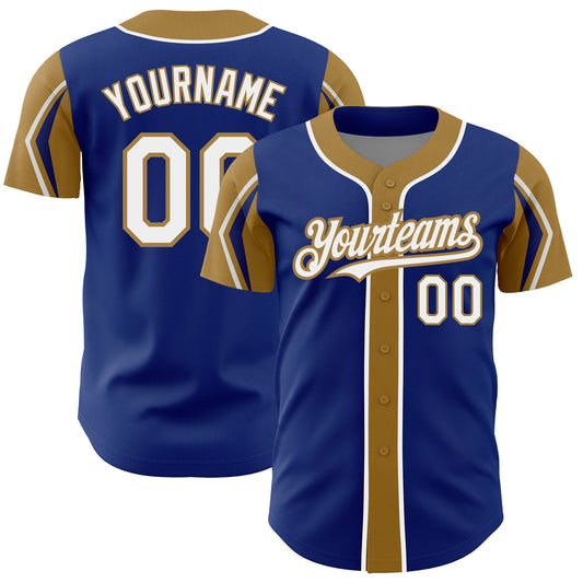Custom Royal White-Old Gold 3 Colors Arm Shapes Authentic Baseball Jersey - Main View