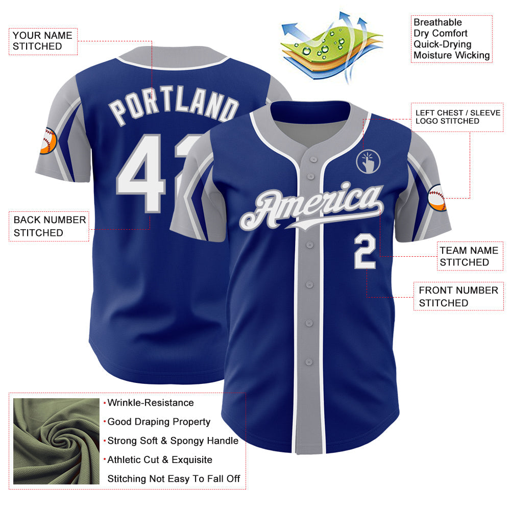 Custom Royal White-Gray 3 Colors Arm Shapes Authentic Baseball Jersey view 4