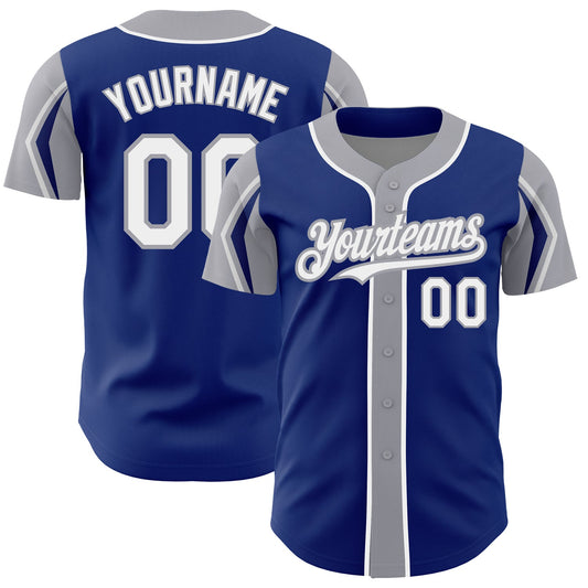 Custom Royal White-Gray 3 Colors Arm Shapes Authentic Baseball Jersey - Main View