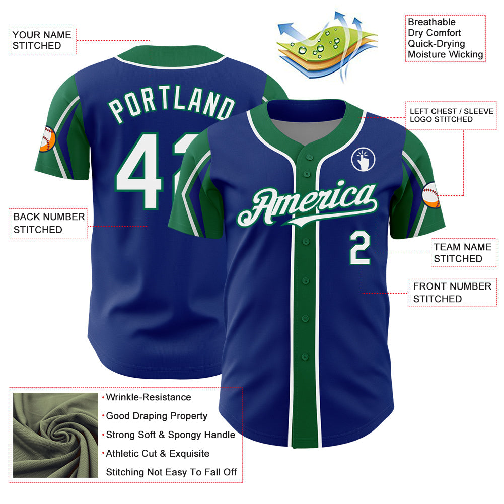 Custom Royal White-Kelly Green 3 Colors Arm Shapes Authentic Baseball Jersey view 4