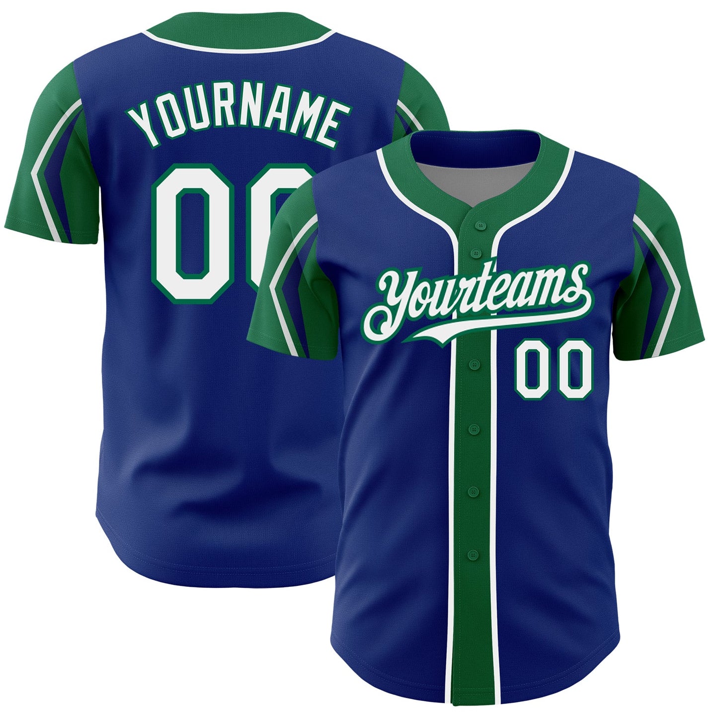 Custom Royal White-Kelly Green 3 Colors Arm Shapes Authentic Baseball Jersey - Main View