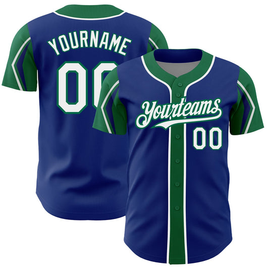Custom Royal White-Kelly Green 3 Colors Arm Shapes Authentic Baseball Jersey - Main View