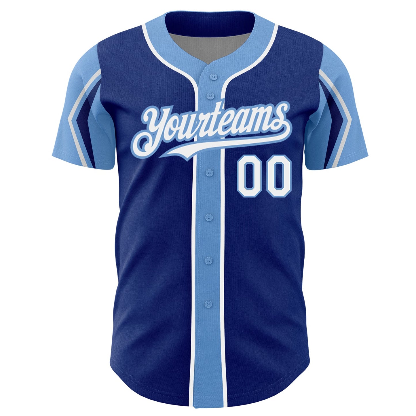 Custom Royal White-Light Blue 3 Colors Arm Shapes Authentic Baseball Jersey view 3