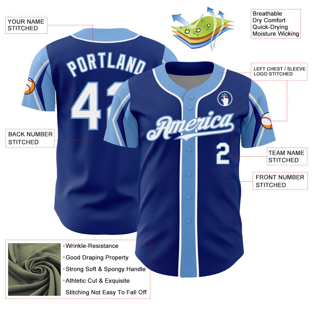 Custom Royal White-Light Blue 3 Colors Arm Shapes Authentic Baseball Jersey view 4