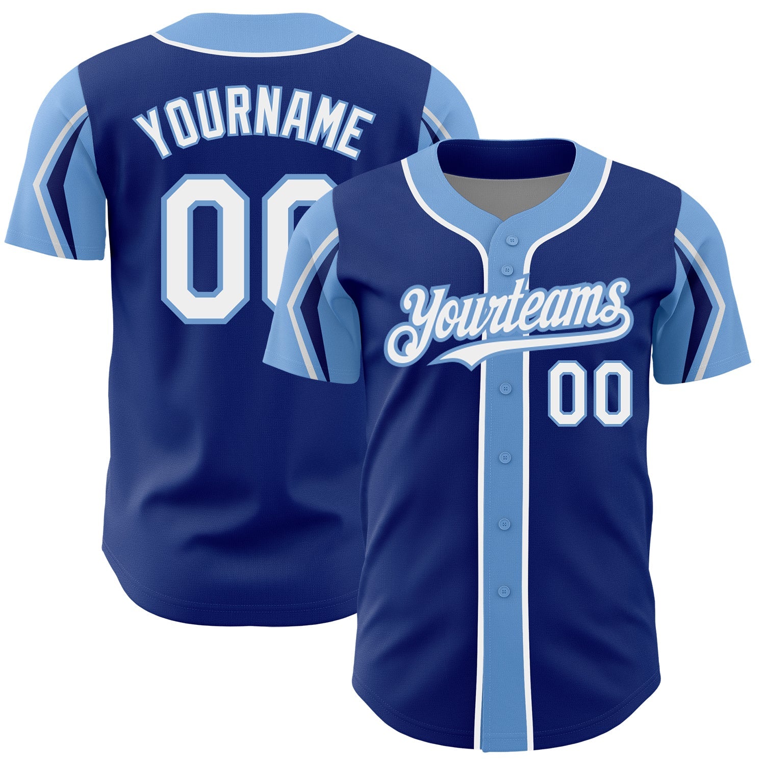 Custom Royal White-Light Blue 3 Colors Arm Shapes Authentic Baseball Jersey - Main View