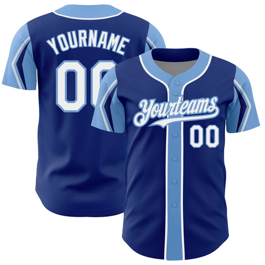 Custom Royal White-Light Blue 3 Colors Arm Shapes Authentic Baseball Jersey - Main View