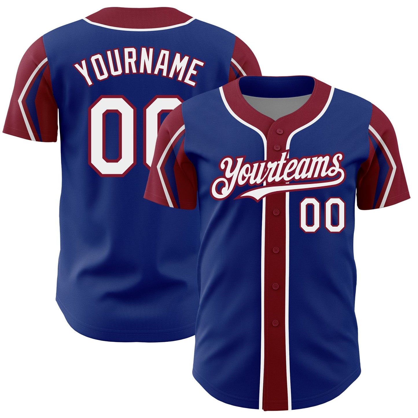 Custom Royal White-Crimson 3 Colors Arm Shapes Authentic Baseball Jersey - Main View