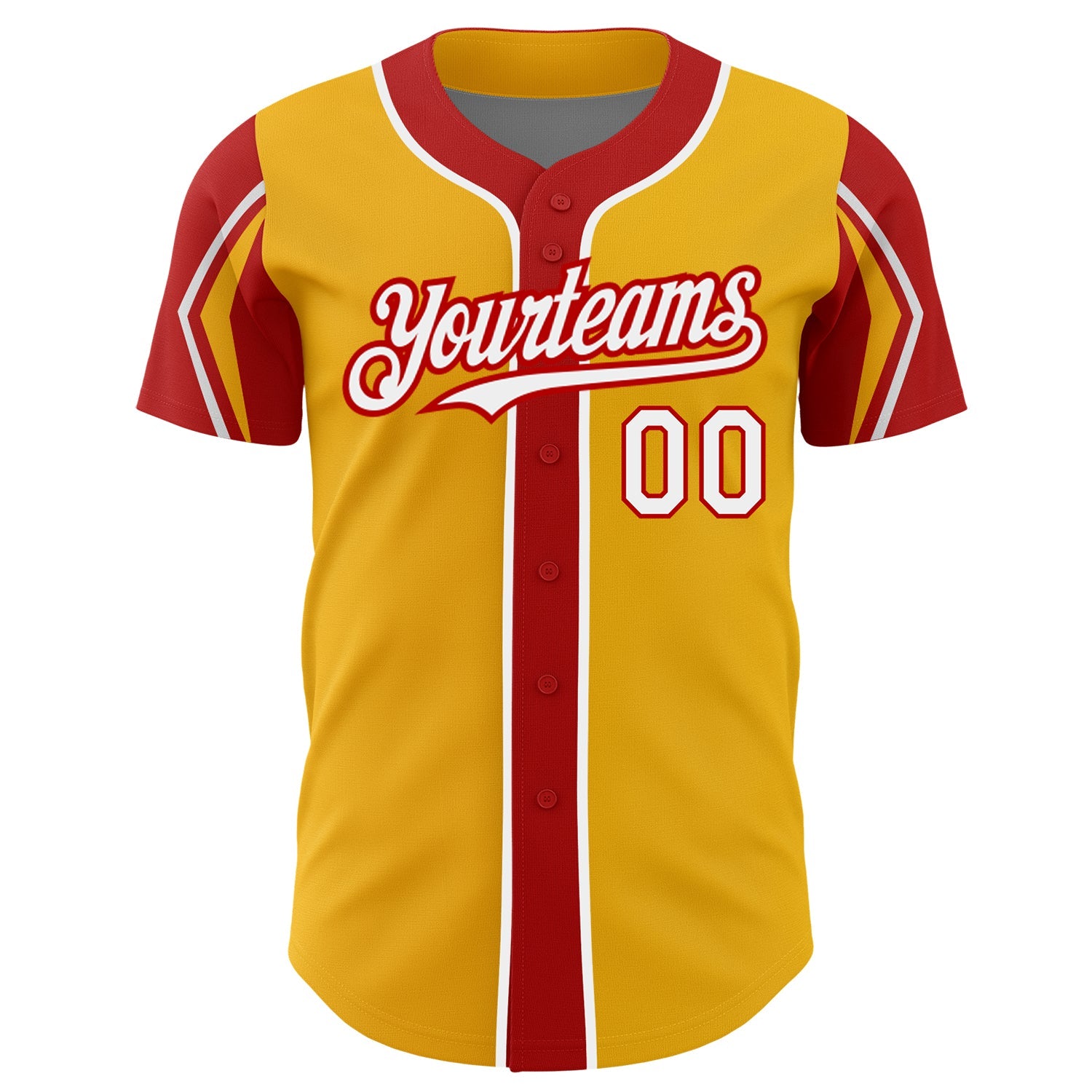 Custom Gold White-Red 3 Colors Arm Shapes Authentic Baseball Jersey view 3