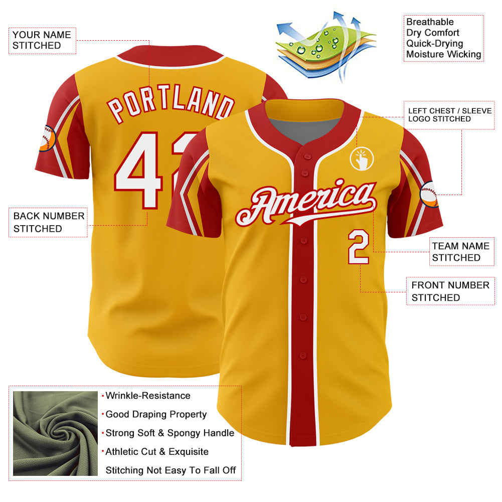 Custom Gold White-Red 3 Colors Arm Shapes Authentic Baseball Jersey view 4