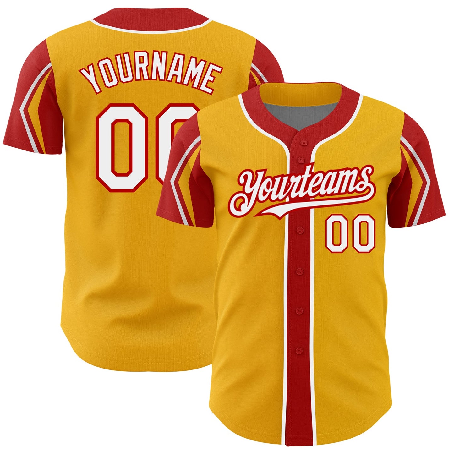 Custom Gold White-Red 3 Colors Arm Shapes Authentic Baseball Jersey - Main View