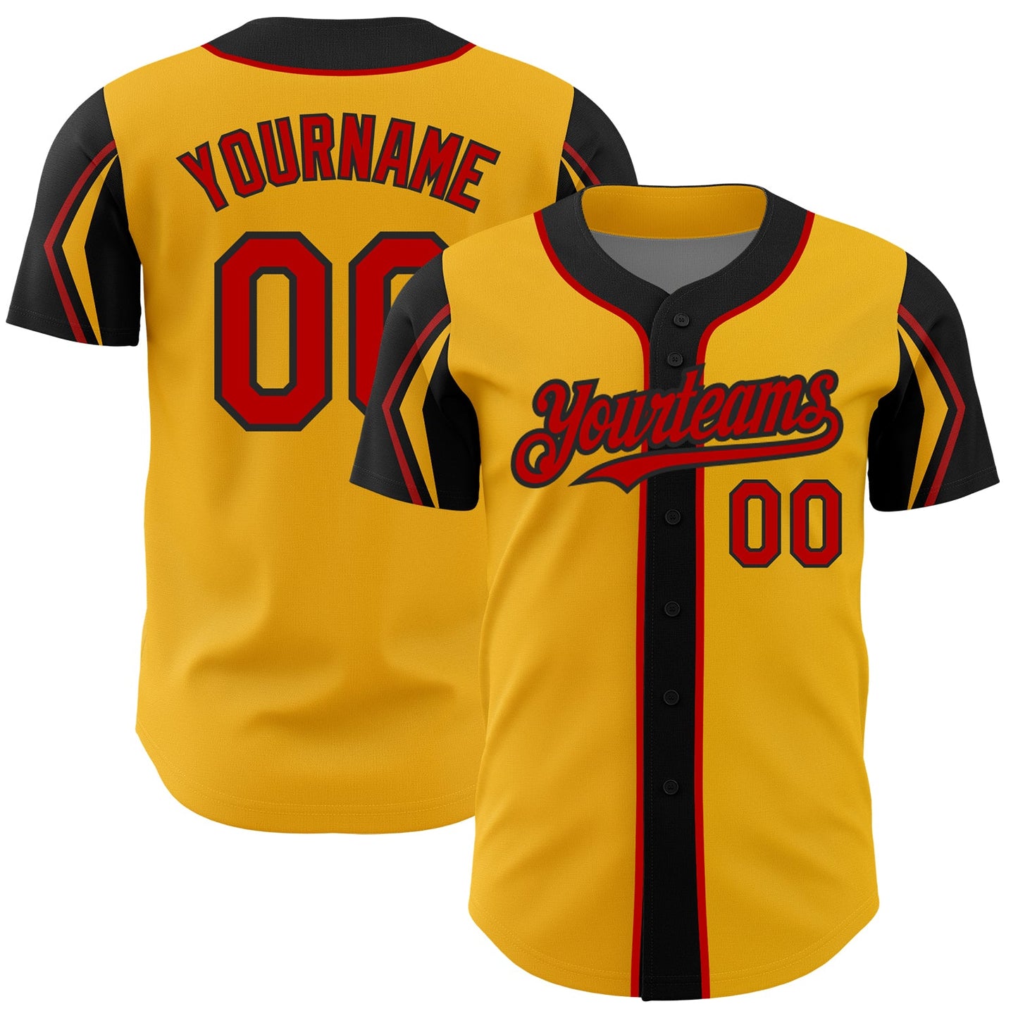 Custom Gold Red-Black 3 Colors Arm Shapes Authentic Baseball Jersey - Main View