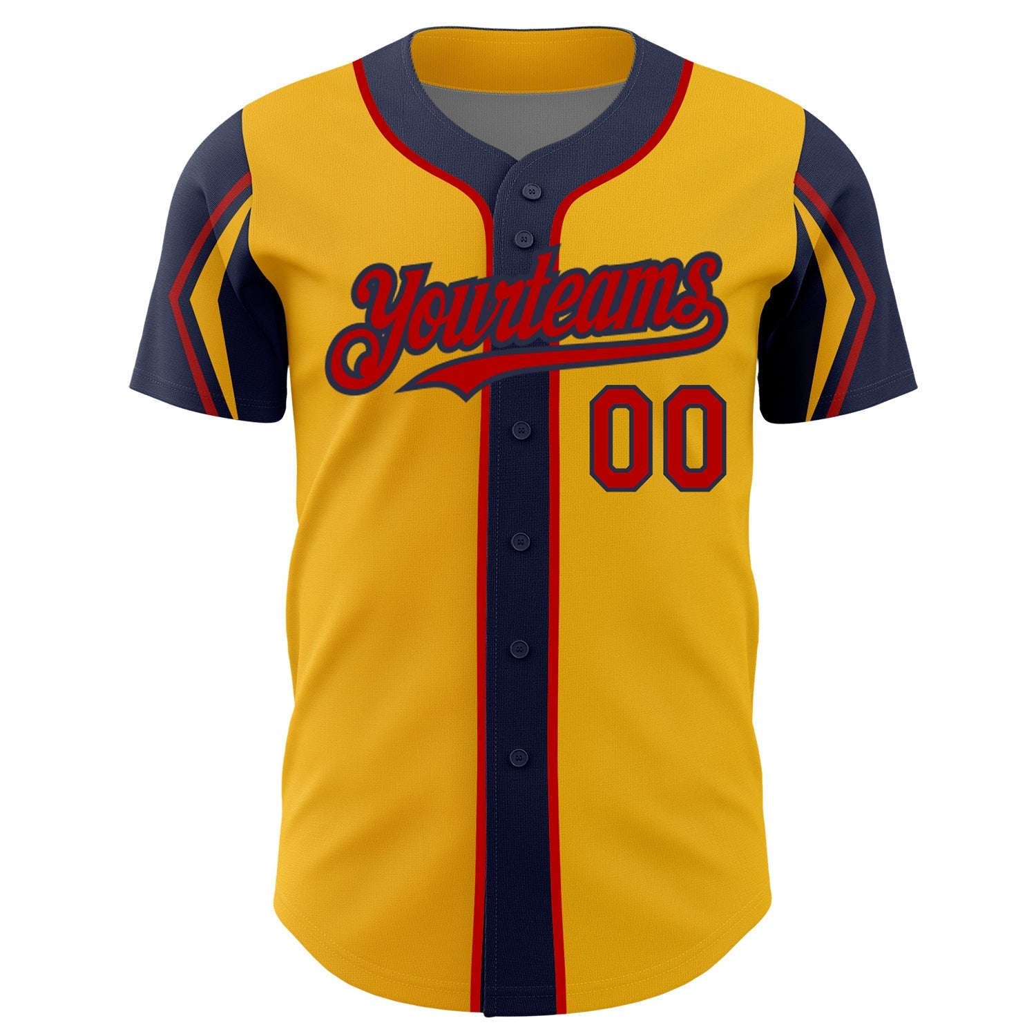 Custom Gold Red-Navy 3 Colors Arm Shapes Authentic Baseball Jersey view 3