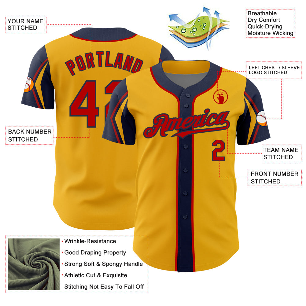 Custom Gold Red-Navy 3 Colors Arm Shapes Authentic Baseball Jersey view 4