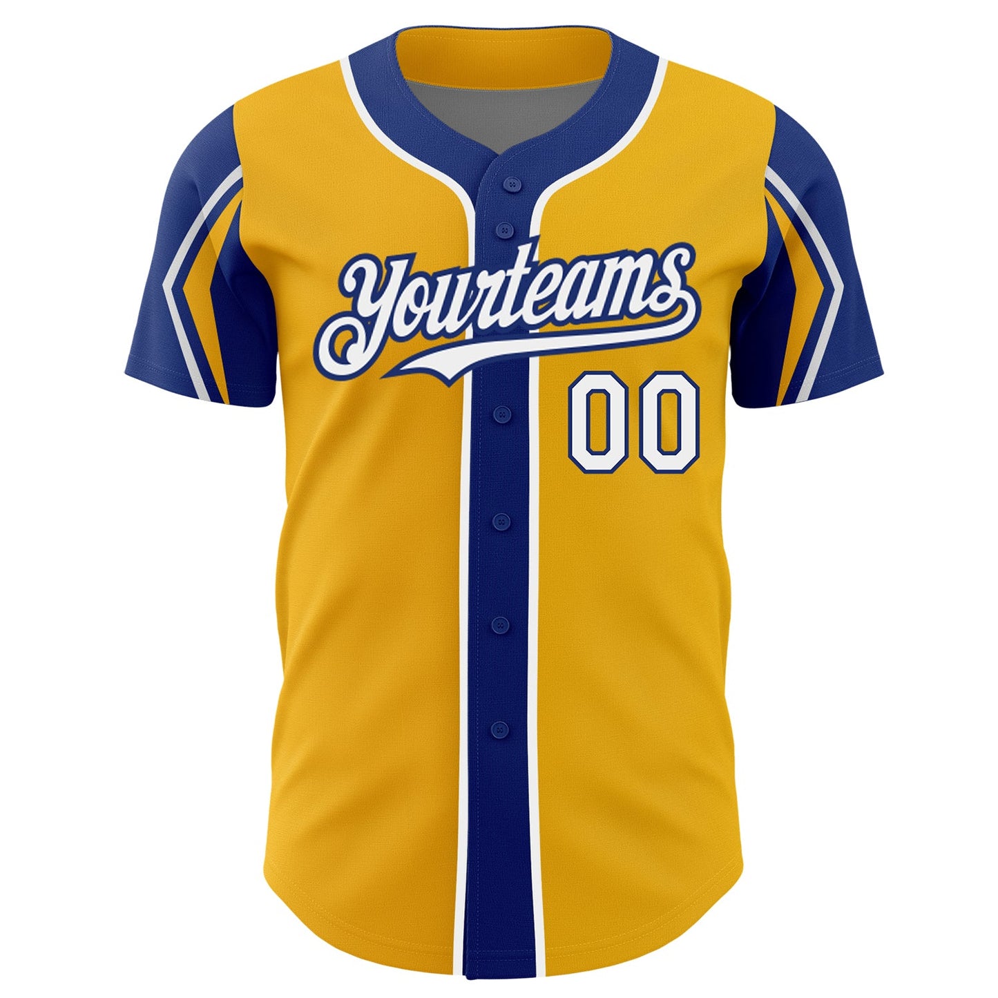 Custom Gold White-Royal 3 Colors Arm Shapes Authentic Baseball Jersey view 3