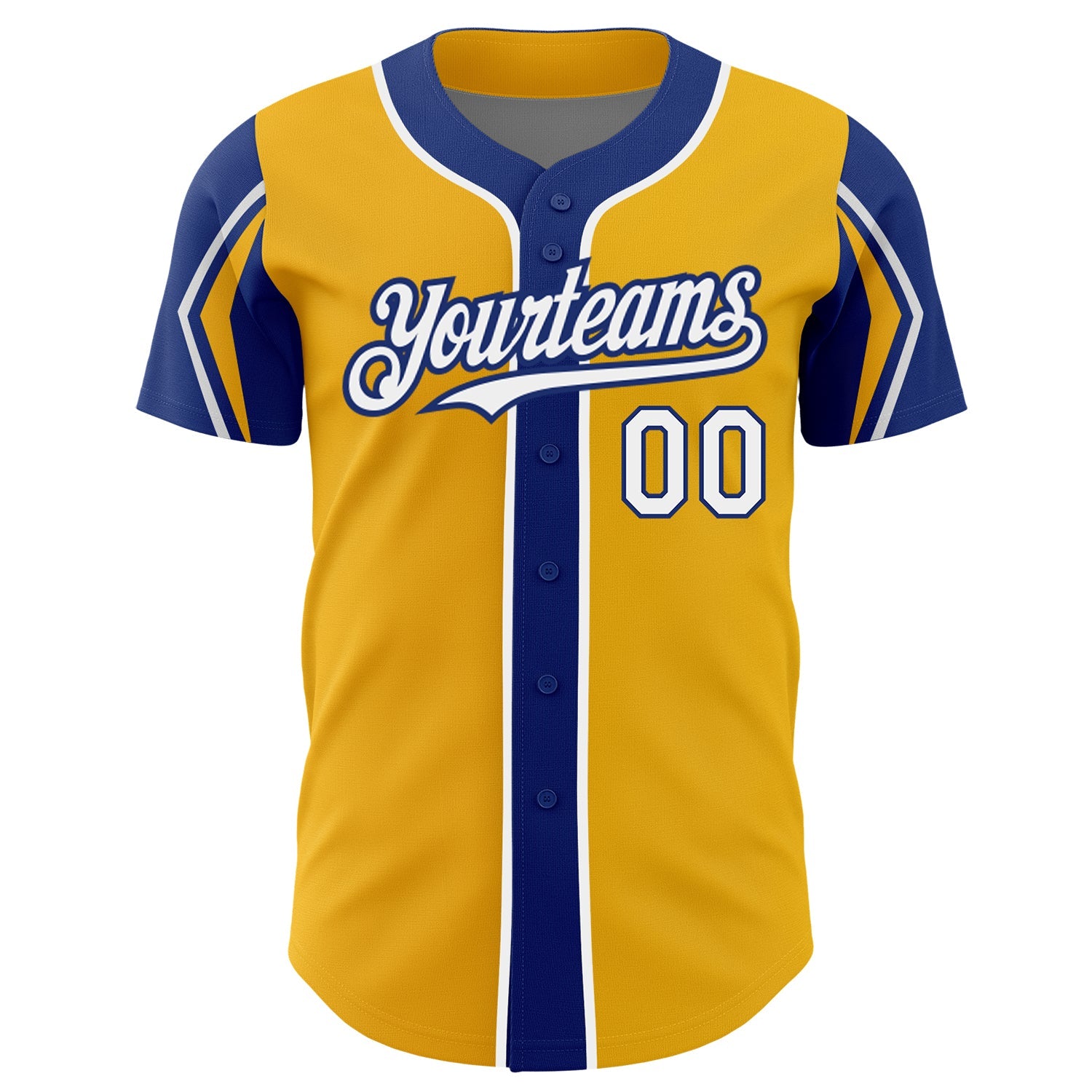 Custom Gold White-Royal 3 Colors Arm Shapes Authentic Baseball Jersey view 3