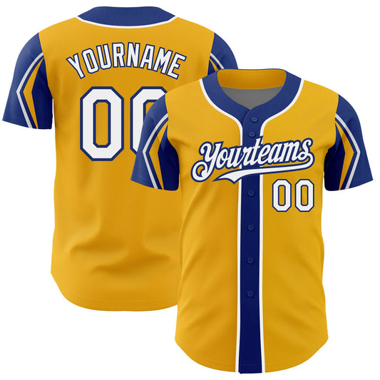 Custom Gold White-Royal 3 Colors Arm Shapes Authentic Baseball Jersey - Main View