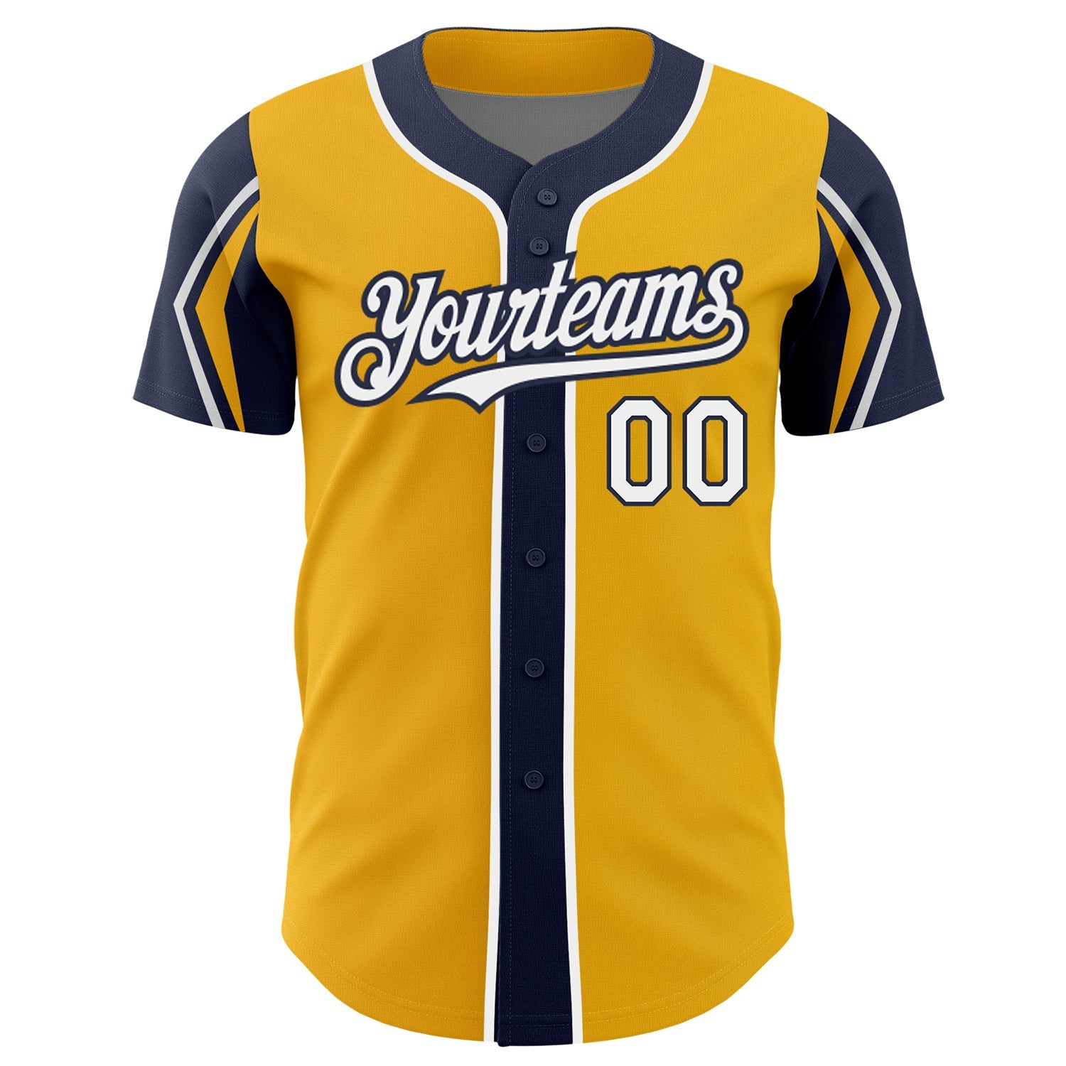 Custom Gold White-Navy 3 Colors Arm Shapes Authentic Baseball Jersey view 3