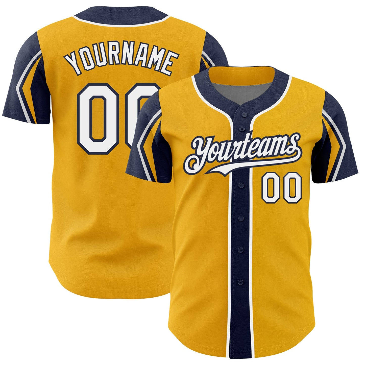 Custom Gold White-Navy 3 Colors Arm Shapes Authentic Baseball Jersey - Main View