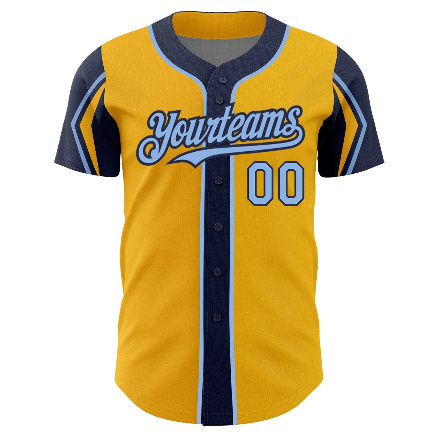 Custom Gold Light Blue-Navy 3 Colors Arm Shapes Authentic Baseball Jersey view 3