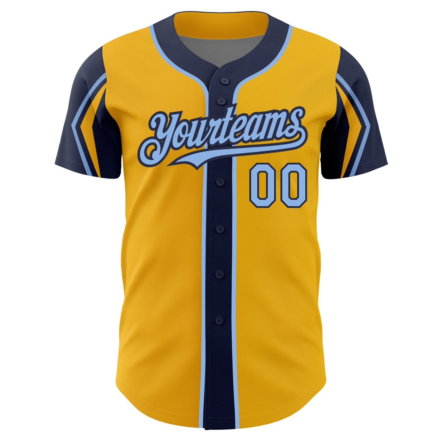 Custom Gold Light Blue-Navy 3 Colors Arm Shapes Authentic Baseball Jersey view 3