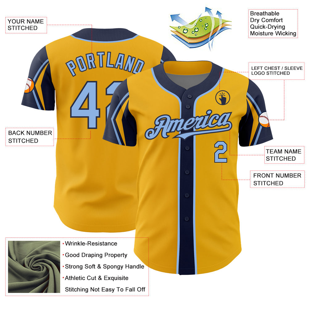 Custom Gold Light Blue-Navy 3 Colors Arm Shapes Authentic Baseball Jersey view 4