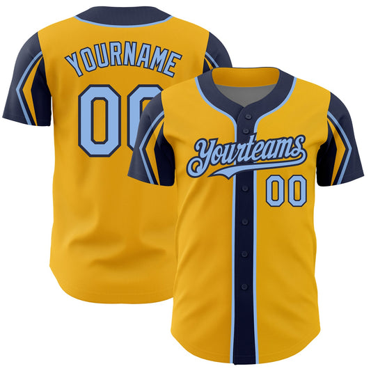 Custom Gold Light Blue-Navy 3 Colors Arm Shapes Authentic Baseball Jersey - Main View