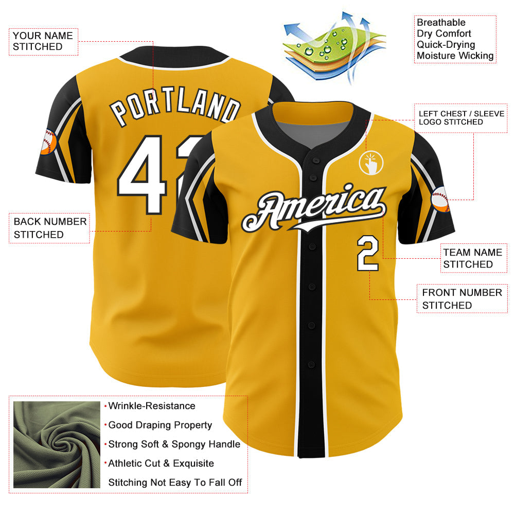 Custom Gold White-Black 3 Colors Arm Shapes Authentic Baseball Jersey view 4