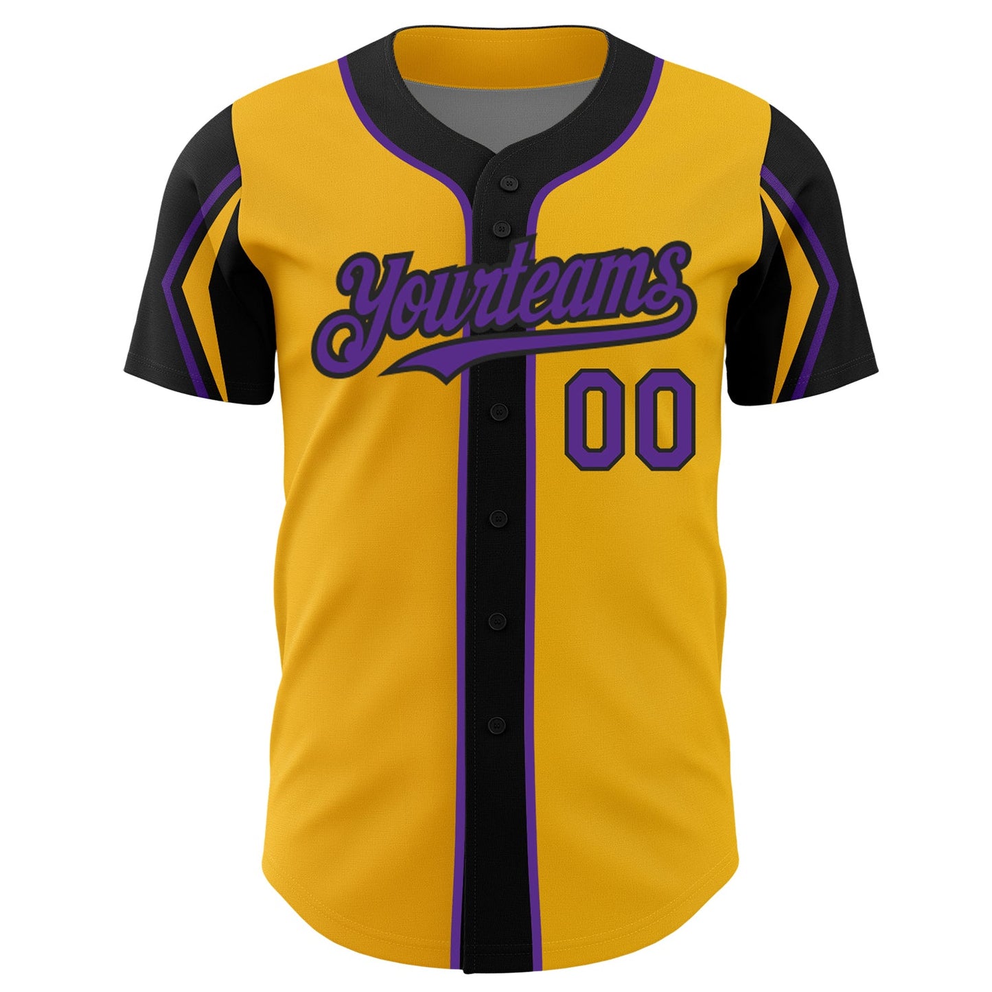 Custom Gold Purple-Black 3 Colors Arm Shapes Authentic Baseball Jersey view 3