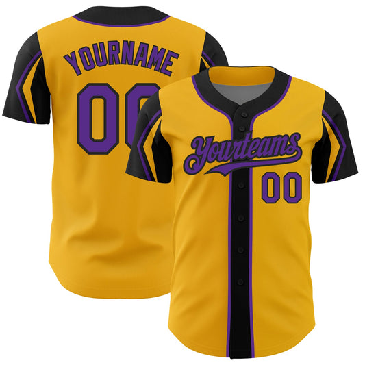 Custom Gold Purple-Black 3 Colors Arm Shapes Authentic Baseball Jersey - Main View