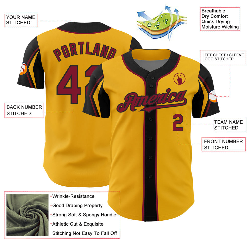 Custom Gold Crimson-Black 3 Colors Arm Shapes Authentic Baseball Jersey view 4