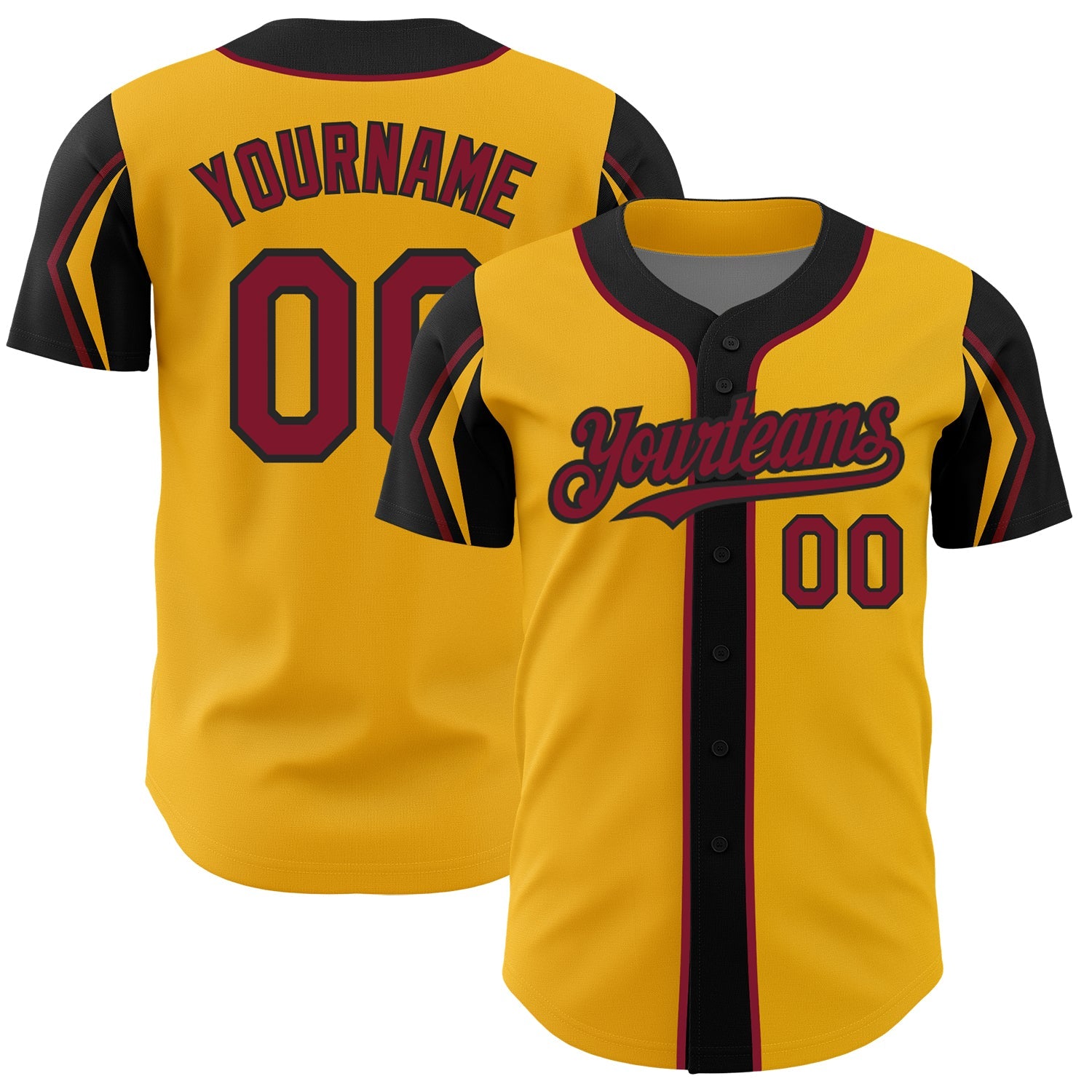 Custom Gold Crimson-Black 3 Colors Arm Shapes Authentic Baseball Jersey - Main View