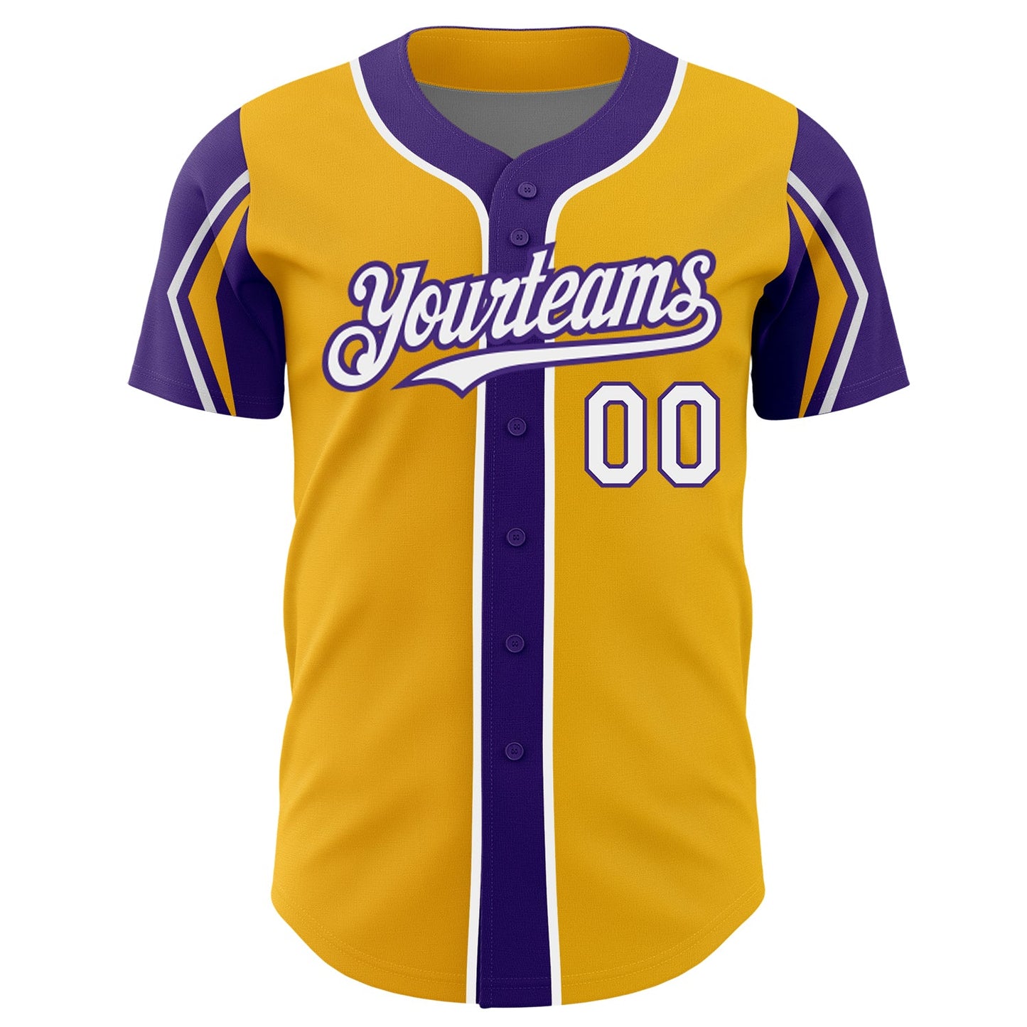 Custom Gold White-Purple 3 Colors Arm Shapes Authentic Baseball Jersey view 3