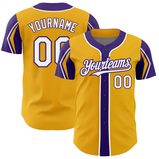 Custom Gold White-Purple 3 Colors Arm Shapes Authentic Baseball Jersey - Main View