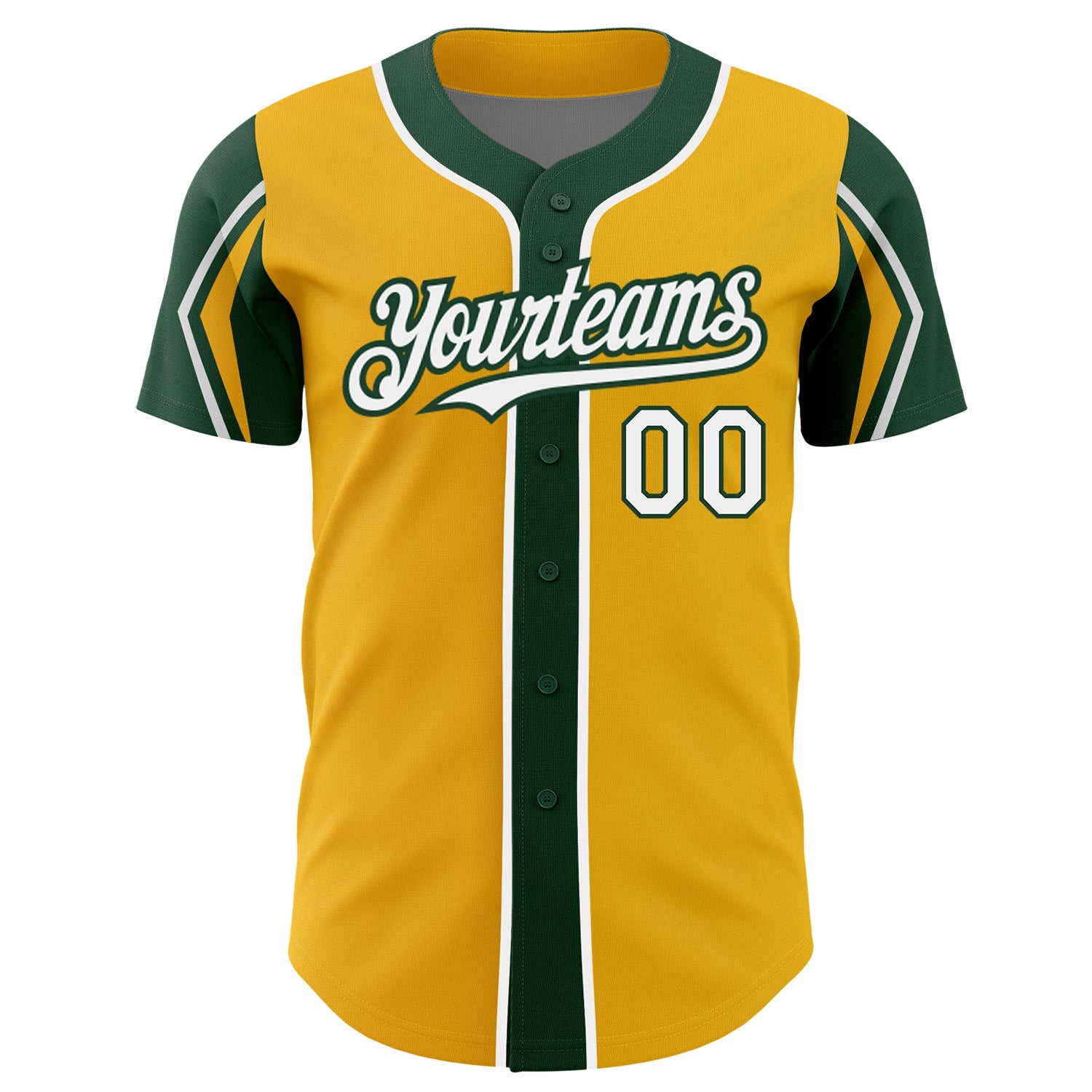 Custom Gold White-Green 3 Colors Arm Shapes Authentic Baseball Jersey view 3