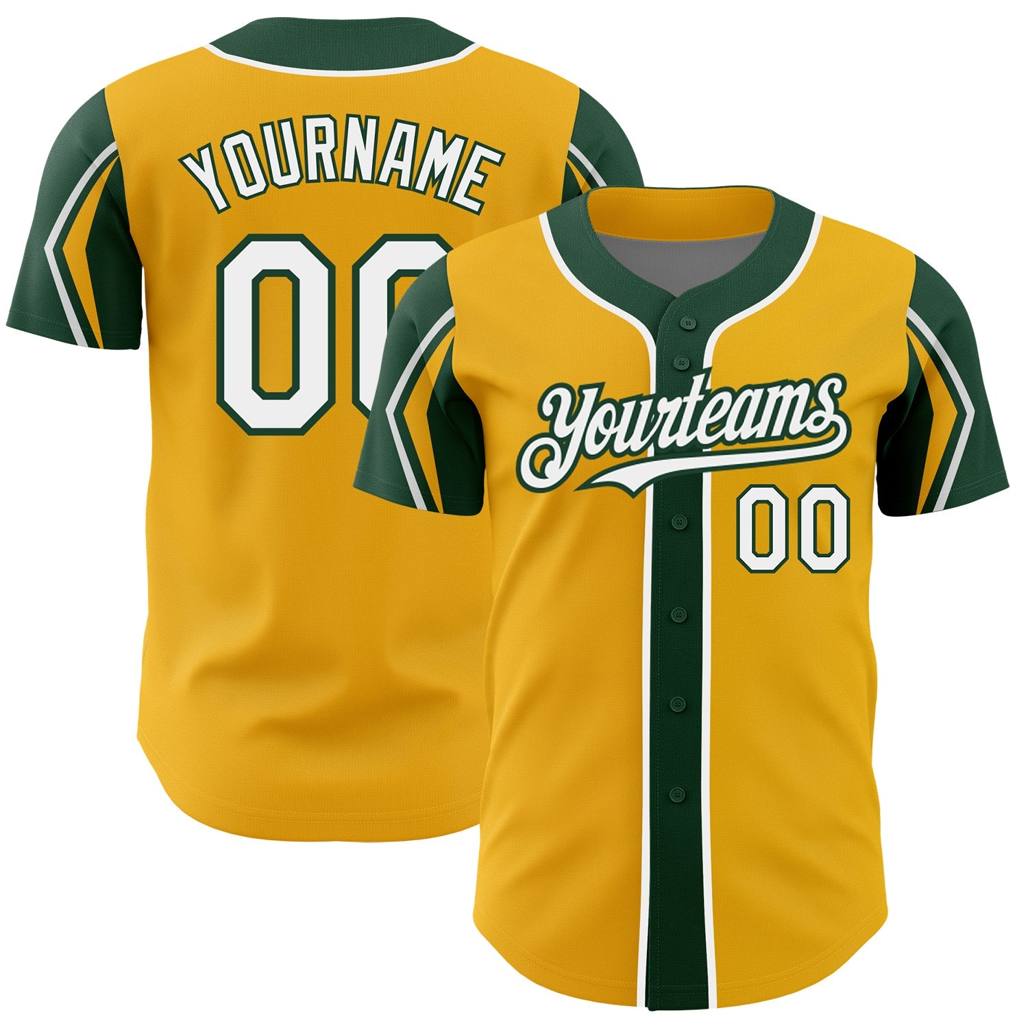 Custom Gold White-Green 3 Colors Arm Shapes Authentic Baseball Jersey - Main View