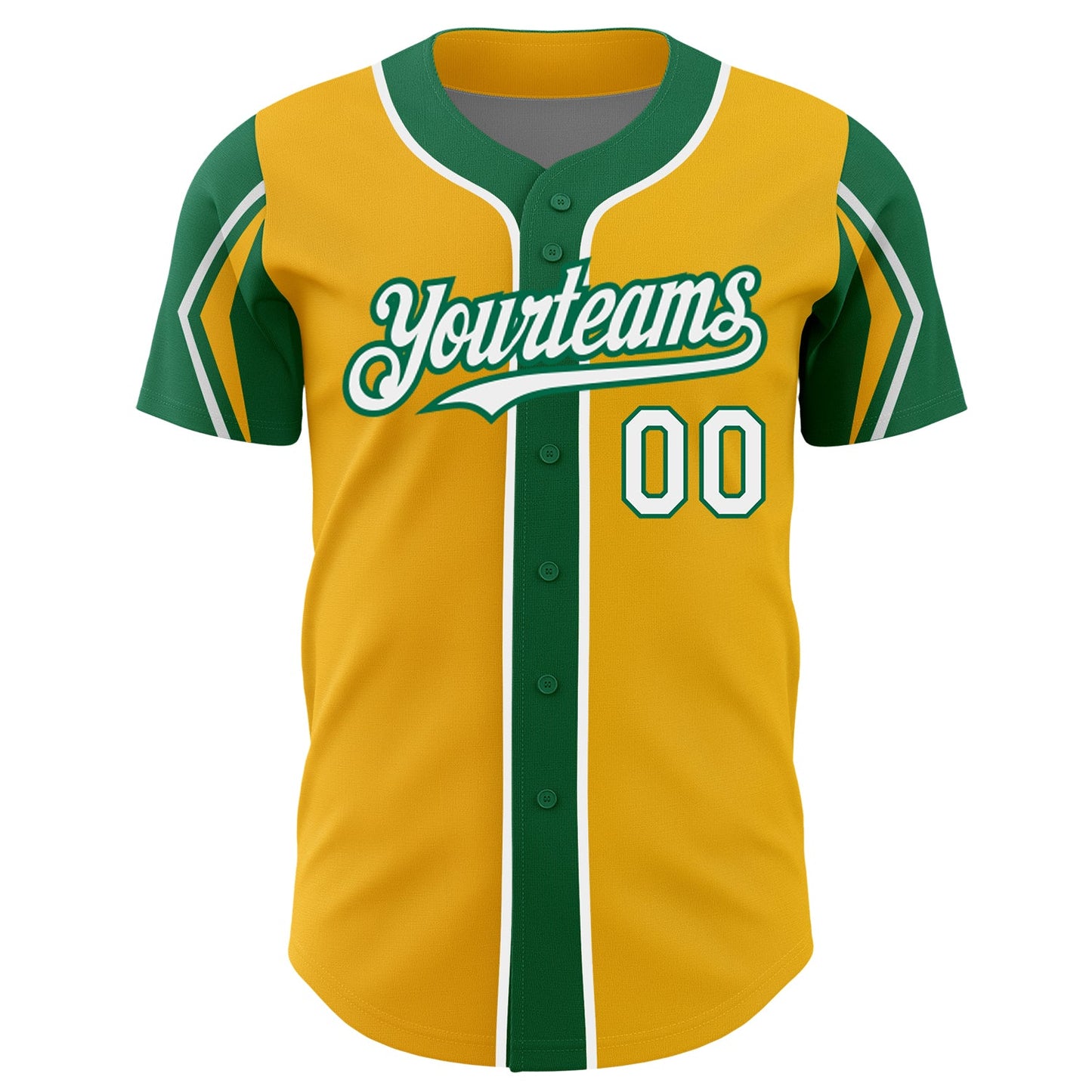 Custom Gold White-Kelly Green 3 Colors Arm Shapes Authentic Baseball Jersey view 3