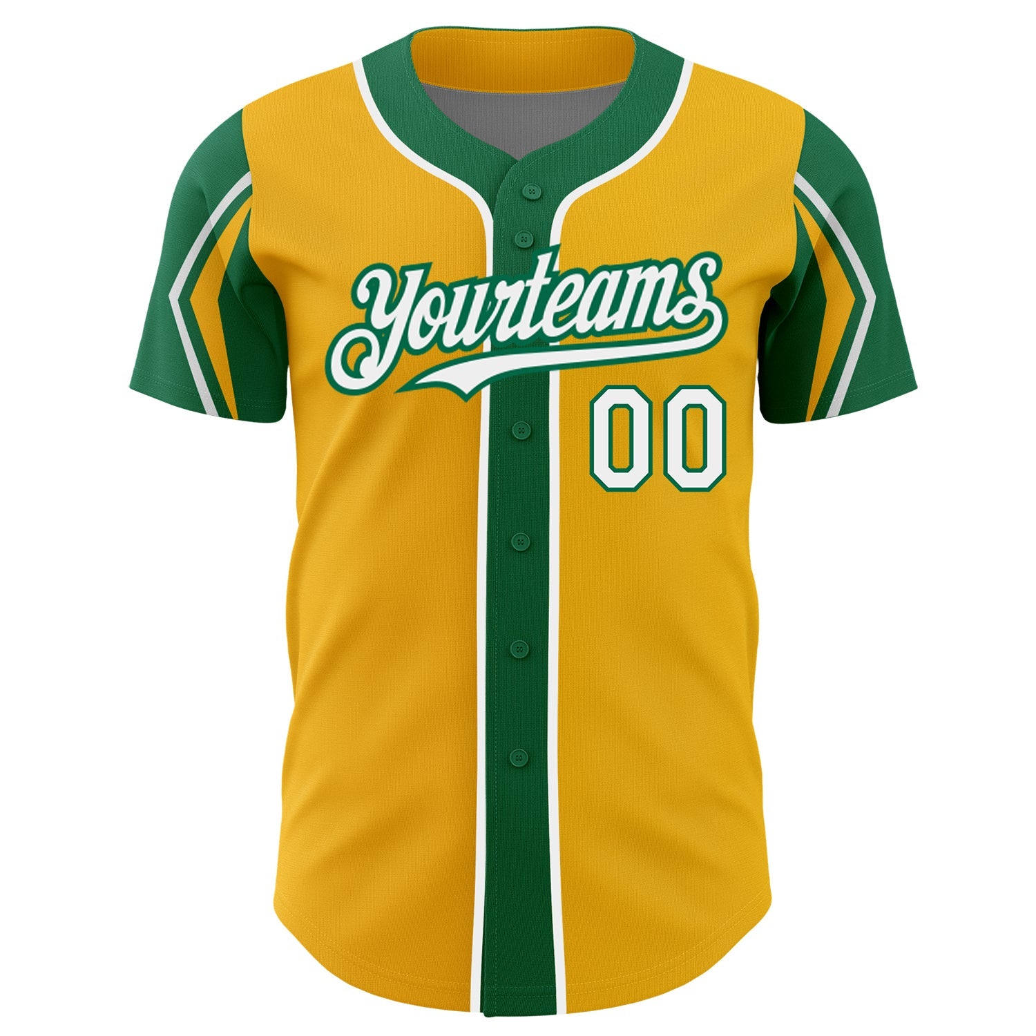 Custom Gold White-Kelly Green 3 Colors Arm Shapes Authentic Baseball Jersey view 3