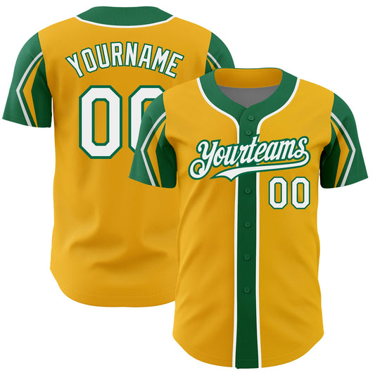 Custom Gold White-Kelly Green 3 Colors Arm Shapes Authentic Baseball Jersey - Main View