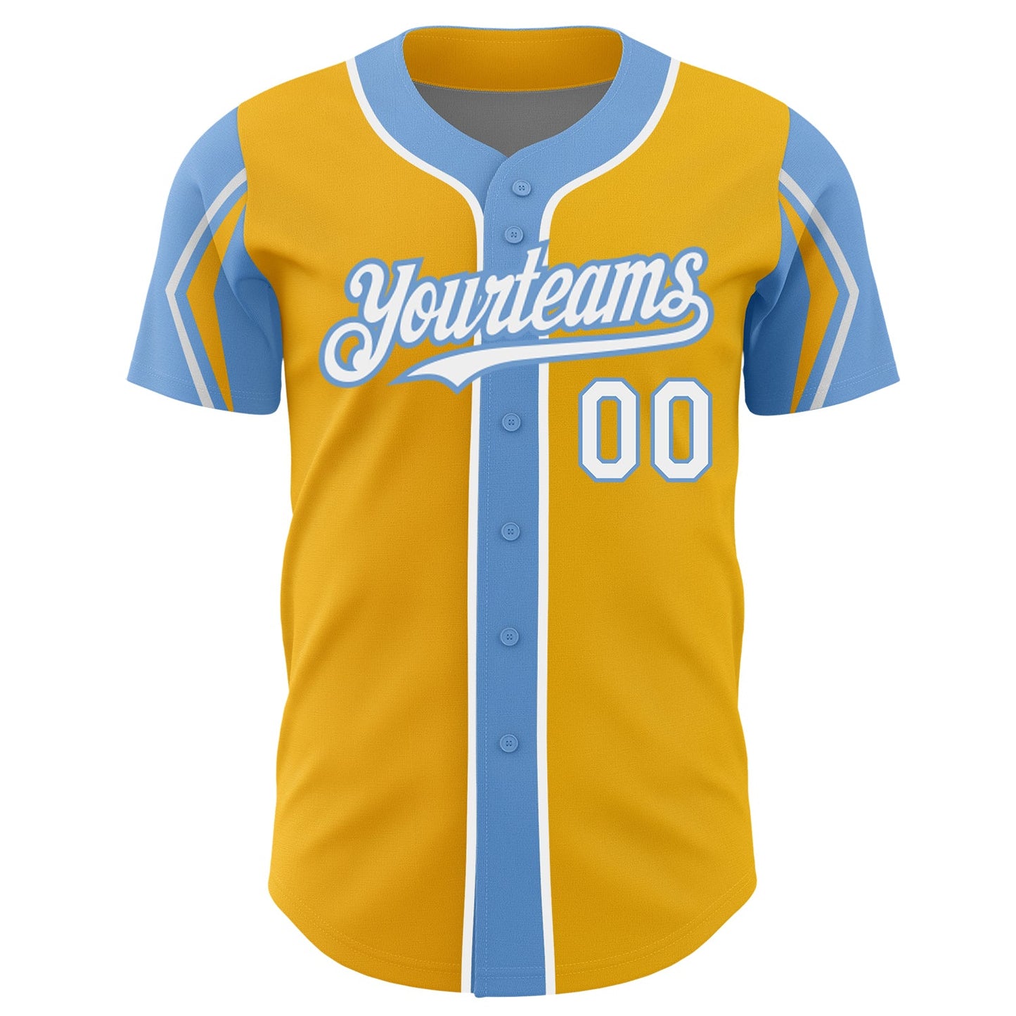 Custom Gold White-Light Blue 3 Colors Arm Shapes Authentic Baseball Jersey view 3