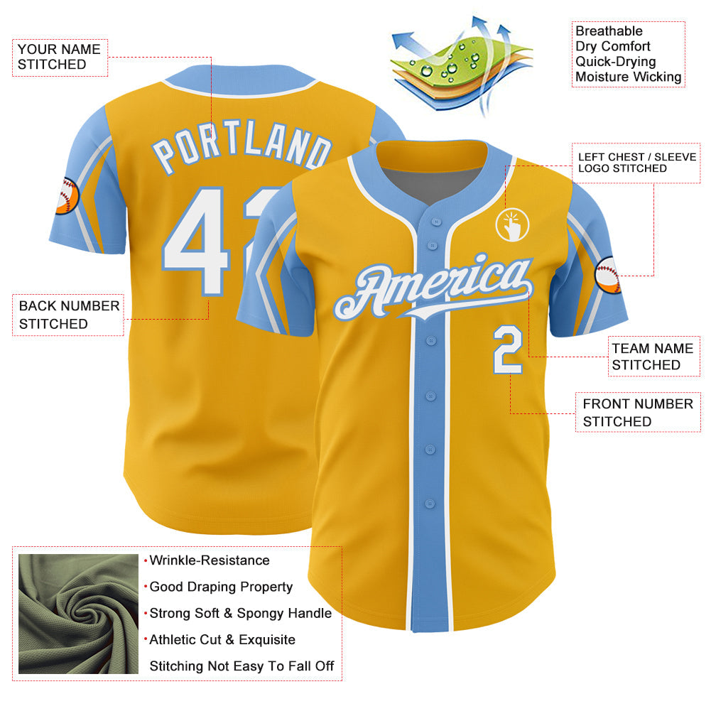 Custom Gold White-Light Blue 3 Colors Arm Shapes Authentic Baseball Jersey view 4