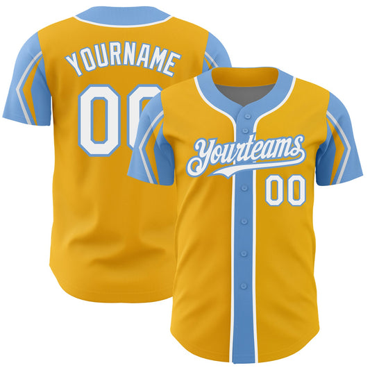 Custom Gold White-Light Blue 3 Colors Arm Shapes Authentic Baseball Jersey - Main View