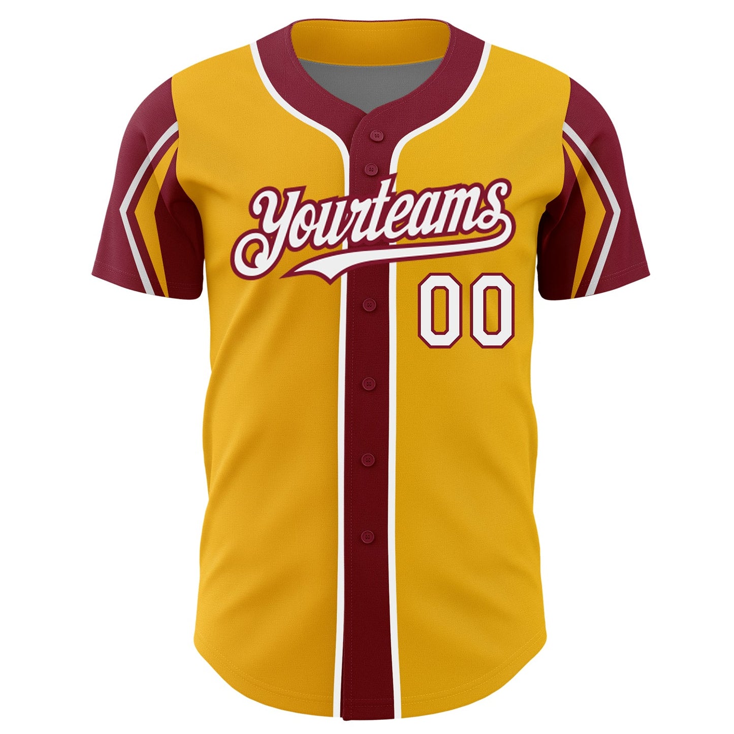 Custom Gold White-Crimson 3 Colors Arm Shapes Authentic Baseball Jersey view 3